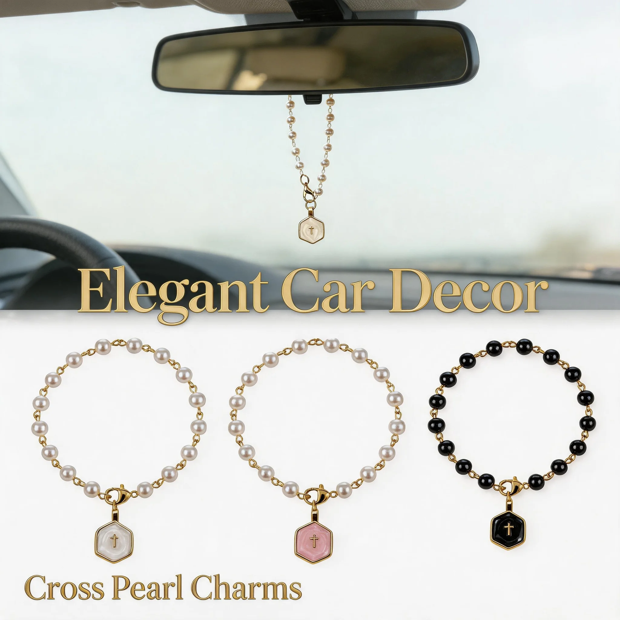 Premium Hexagonal Enamel Cross Steering Wheel Charm Pearl Rosary Chain for Car Rearview Mirror Interior Decor Accessory