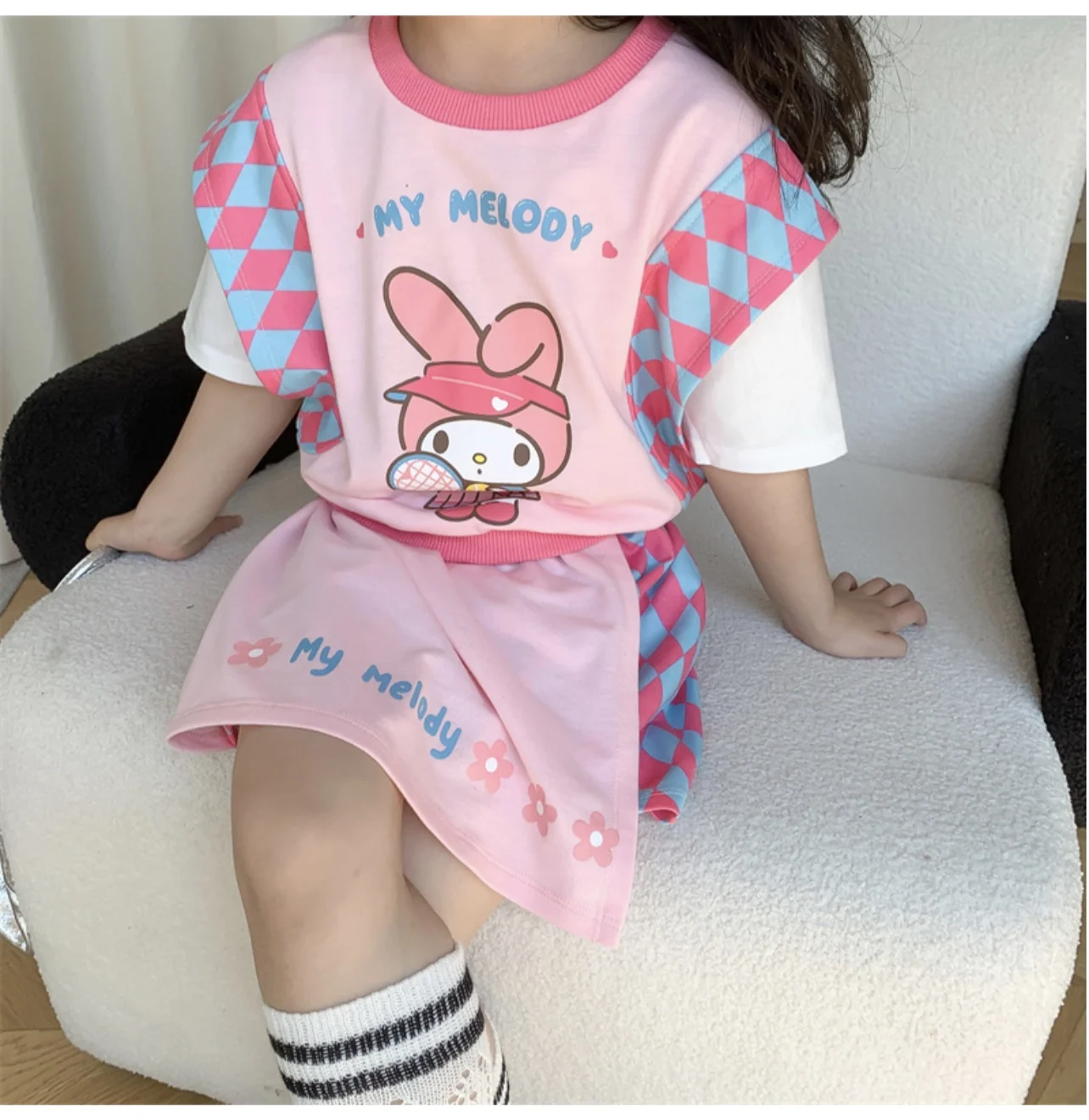 Kawaii Sanrio Short Sleeved Dress Set Anime My Melody Printed Sweet T-Shirt Pantskirt Top Short Skirt Two Piece Set Kids Gift