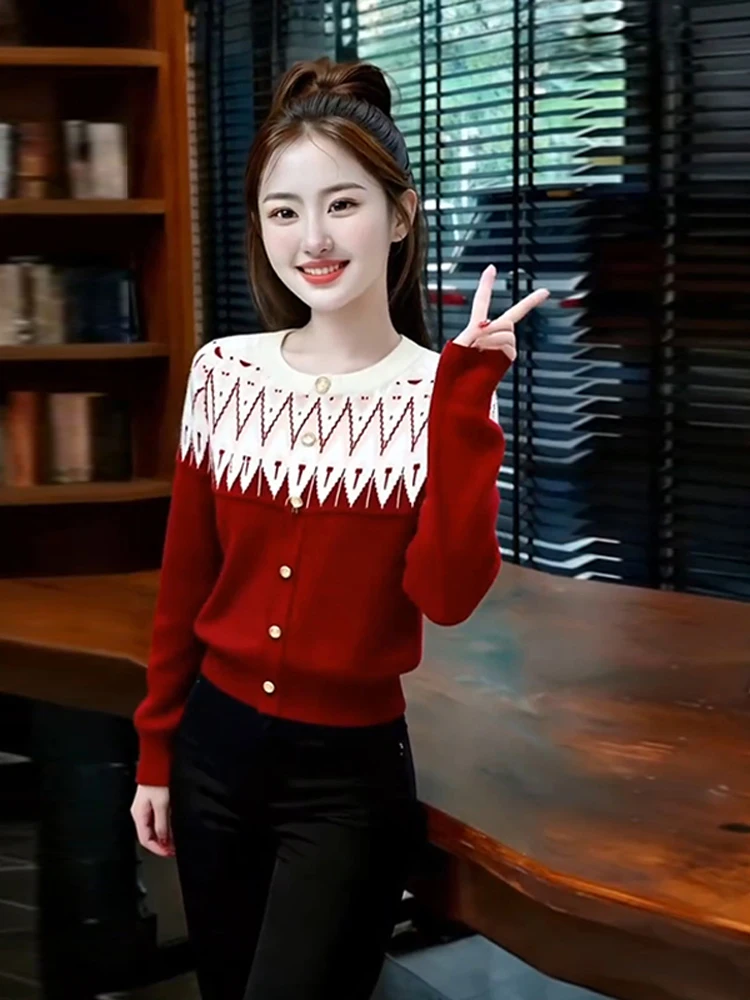 

Unique Red Cisas New Year Women's Knitted Sweater High End Personali Color Blo Loose Fit Long Sve Button up Top