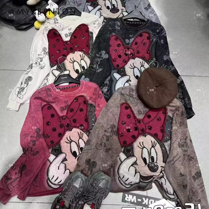 

Fashion Brand New Autumn Kawaii Hoodies Heavy Embroidery Cartoon Mid-Length O-Neck Casual Loose Sweatshirt Top Clothes Ladies