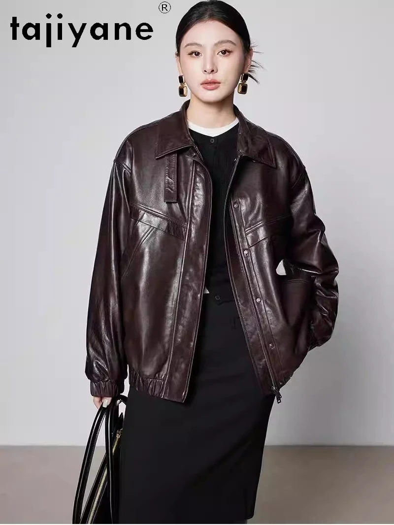 TAJIYANE Oil Wax Sheepskin Camel Down Coats Woman Cashmere Collar Coat Mid-Length Real Leather Jacket Winter Clothes 2025 шуба