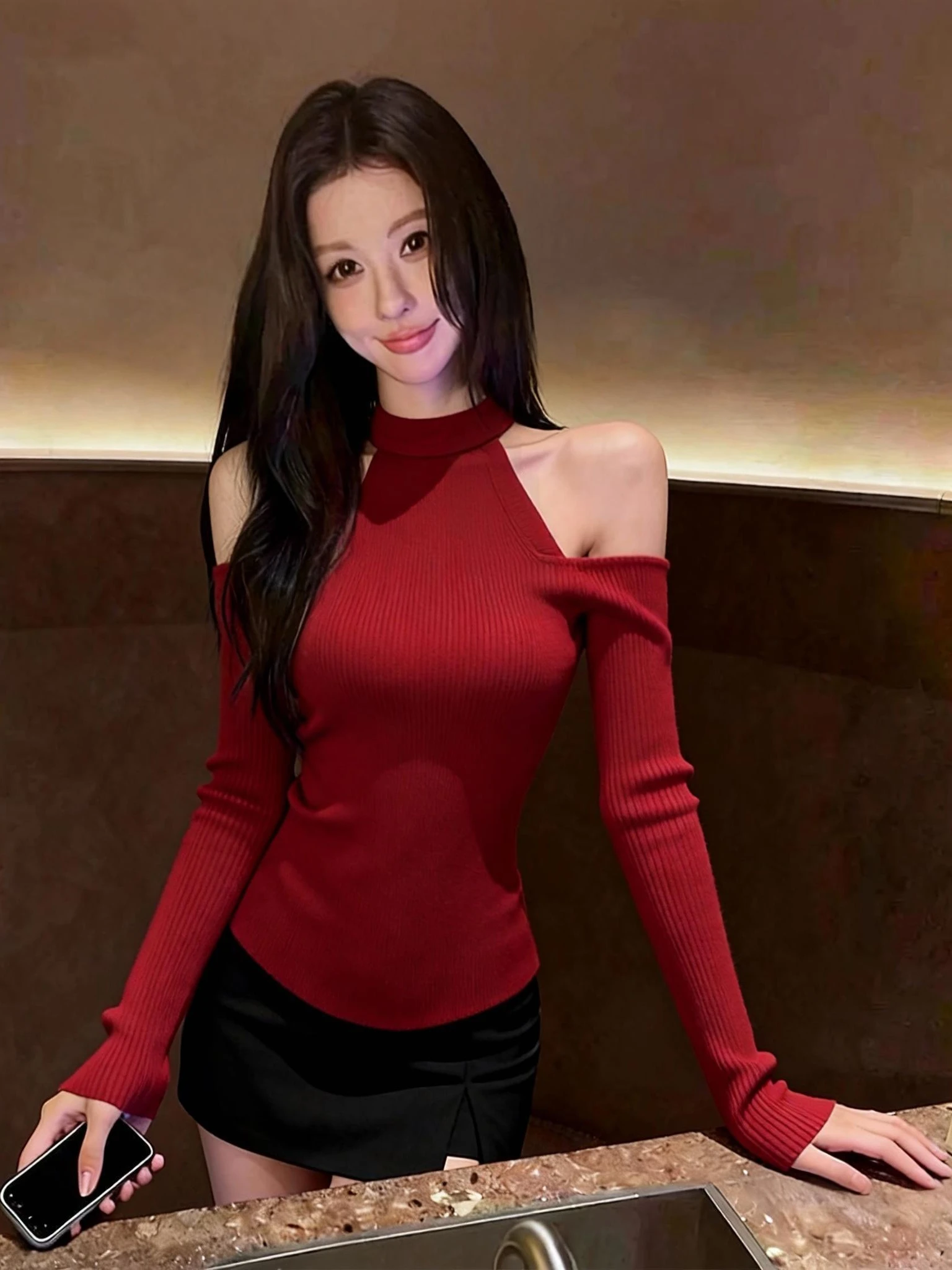 

Sexy Shoulder Bared Long Sleeve Knitted Sweater Women's Fashion Coolmax Fiber Slim Fit High Collar Pure Color Daily Wear