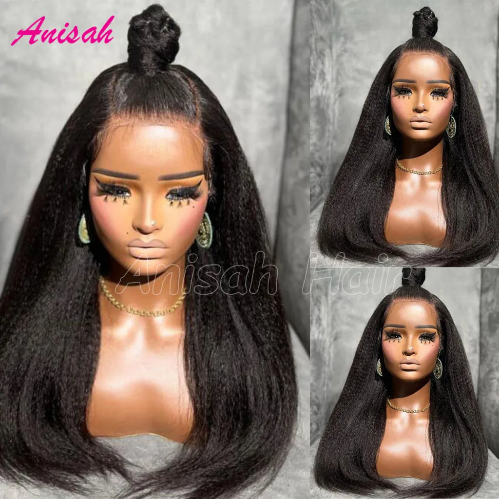 

Kinky Straight Human Hair Wigs Brazilian Italian Yaki Lace Front Human Hair Wig for Women Preplucked with Baby Hair