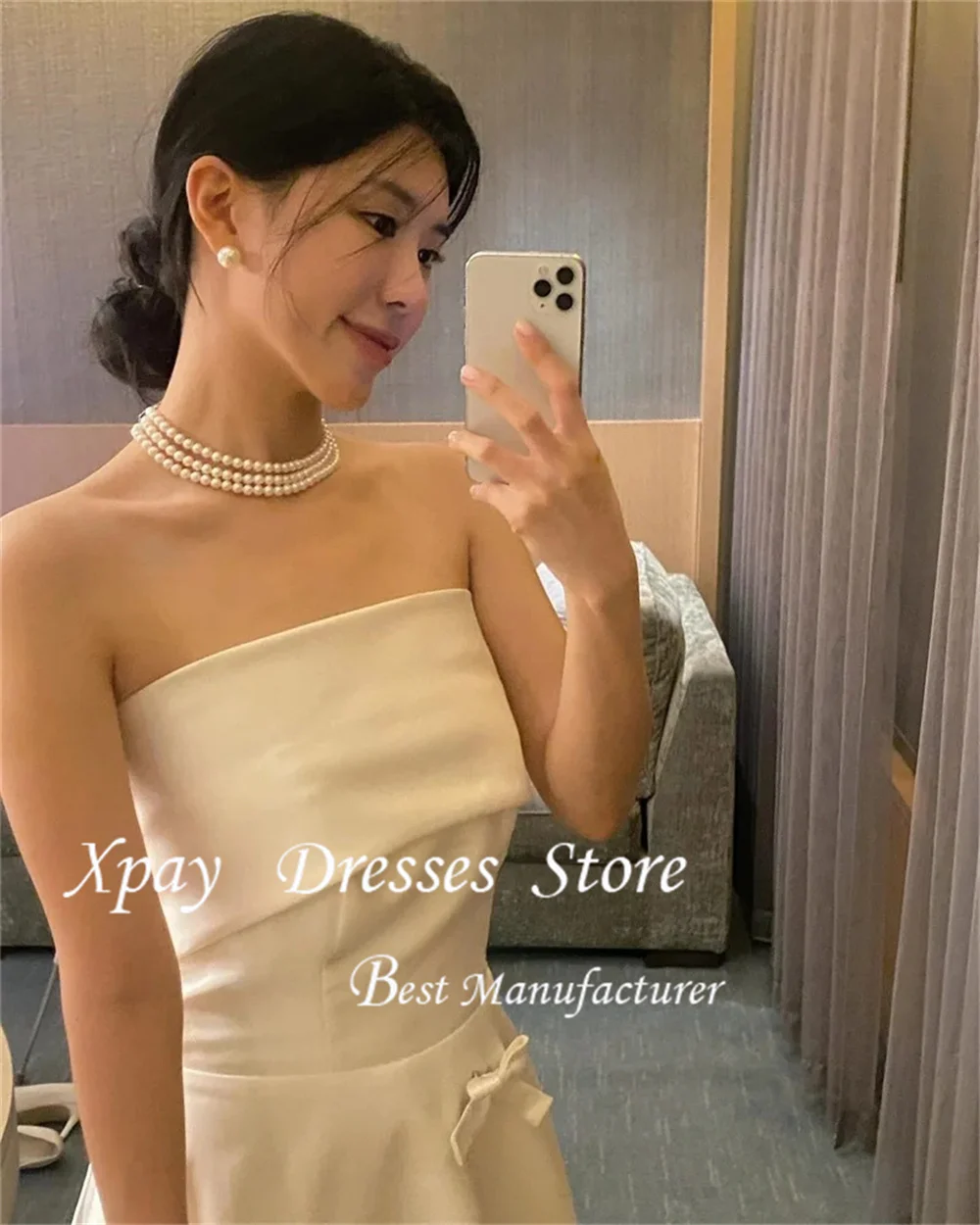 XPAY シンプルなストラップレス A ライン韓国イブニングドレス結婚式の写真撮影パーティードレスボレロちょう結びナイトイベントカスタマイズ
