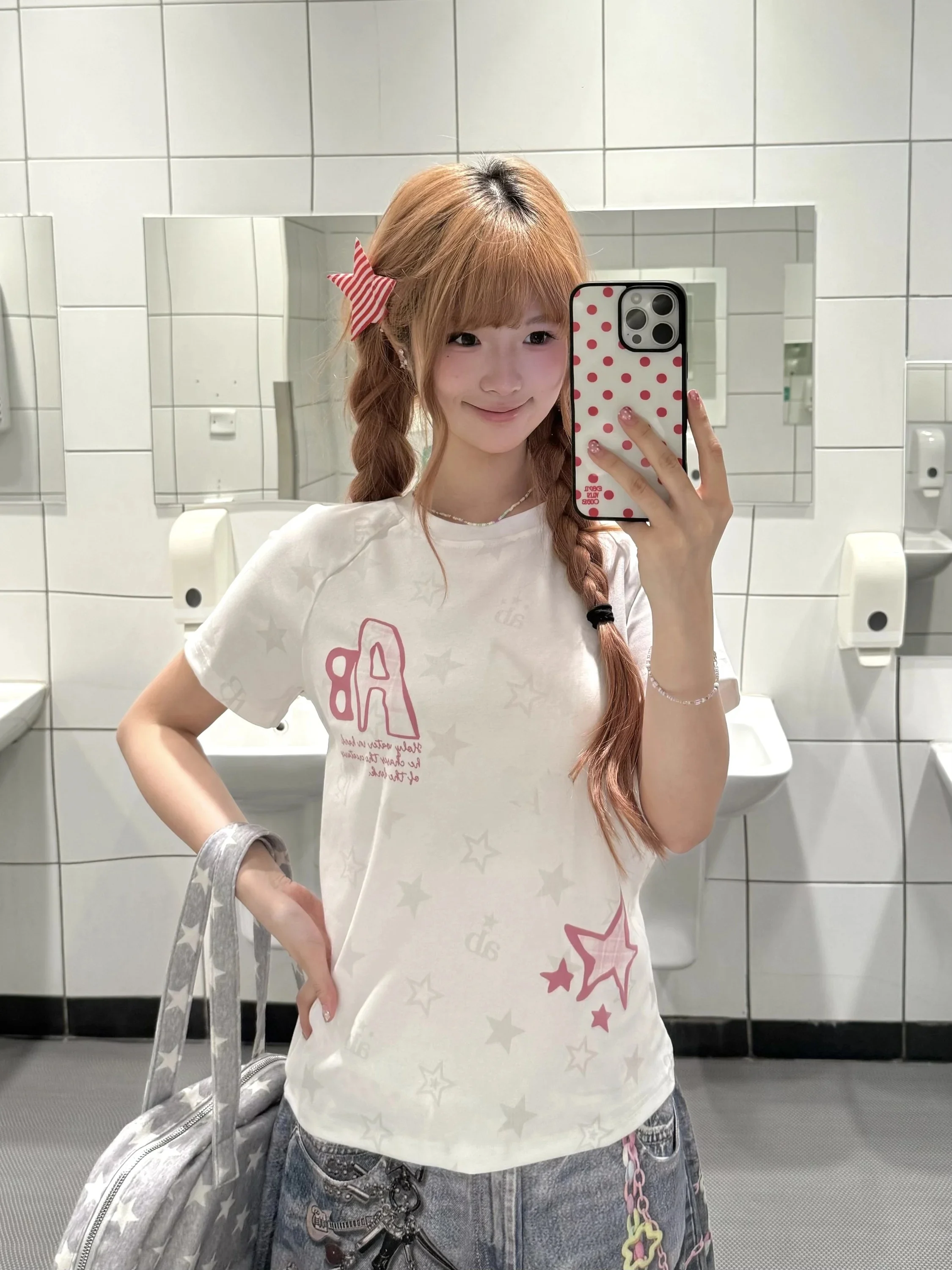 BeOurRule American Retro Letter Star Print Short Sleeve T-Shirt Women Summer Slim Fit Shoulder Top Casual Standard Cotton Blend