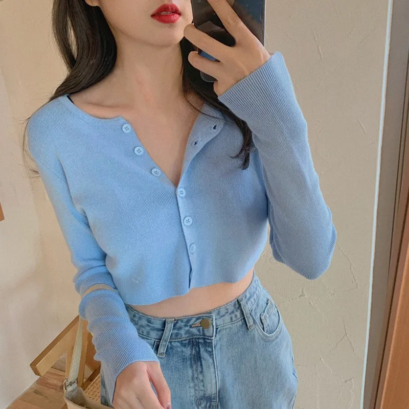 Long Sleeve Casual T shirt Women\'s Knitted Cropped Button Cardigans Sexy Solid Color Autumn Thin Female T-shirt Crop Trendy