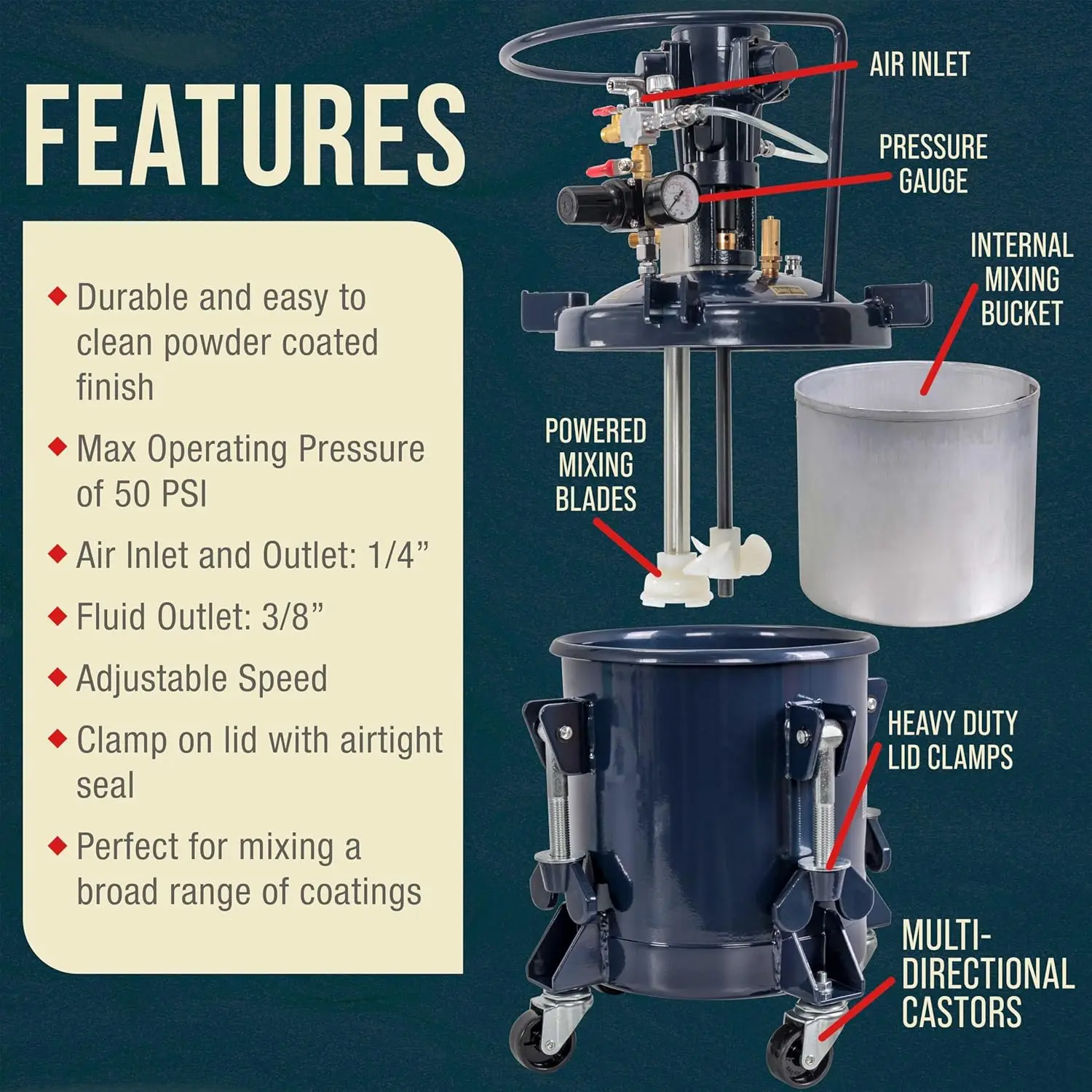 TCP Global 2-1/2 Gallon - 10 Liter Pressure Pot Paint Tank: Heavy Duty Solid Steel Clamp on Lid with Air-Powered Mixing Agitator