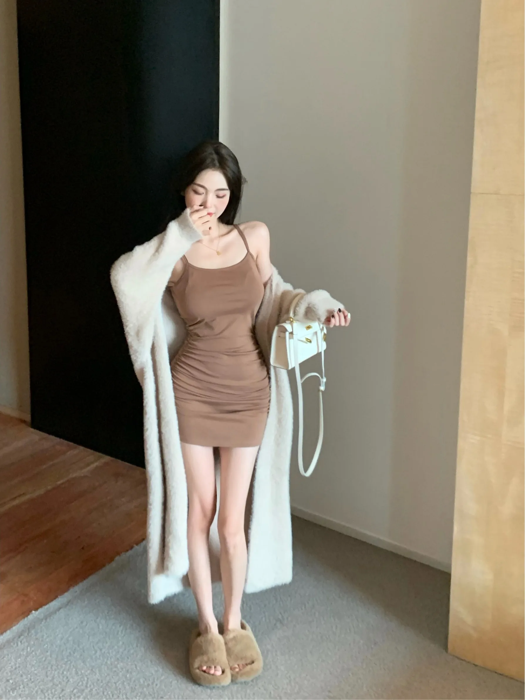 Soft Loose Women's Knitted Sweater Coat Autumn Winter New Sle No Button Design Medium Length Pure Color Commute Sle