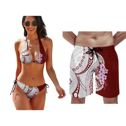 Ensemble de maillot de bain de couple personnalisé pour hommes et femmes, bikini d'été, pantalon de plage, tempérament, n'importe quel motif, maillot de bain exclusif pour la journée de Léon