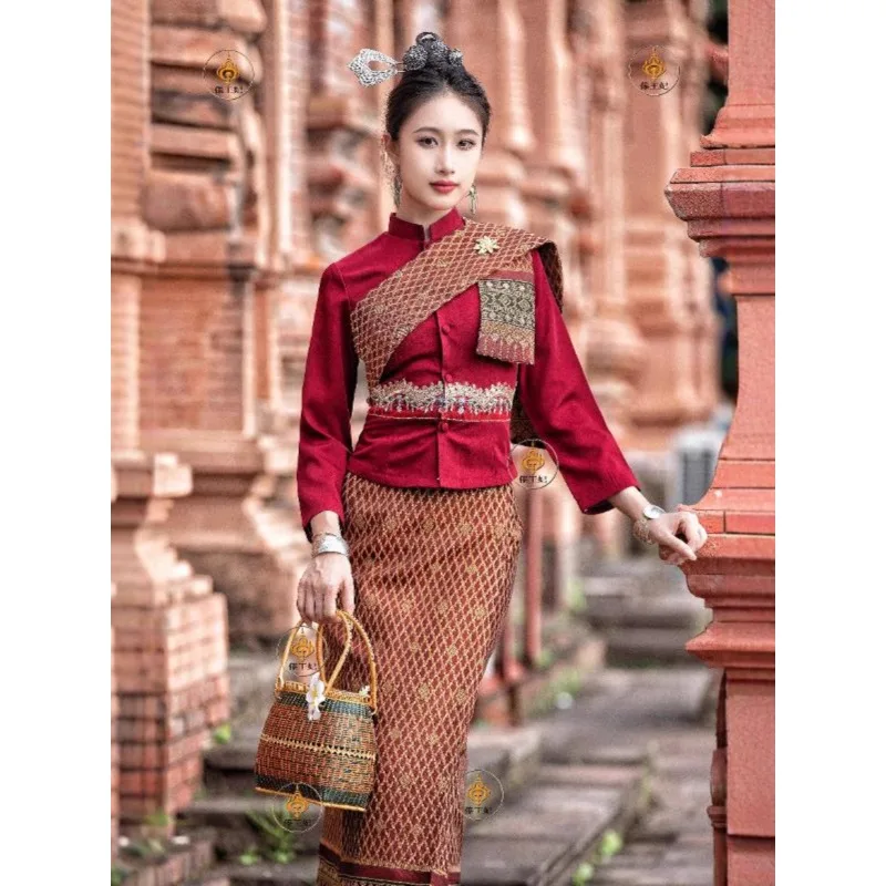 Thailand Clothing for Women Southeast Asian Ethnic Style Dai Work Wear Thai Restaurant Work Uniform Tops Shawl Skirt