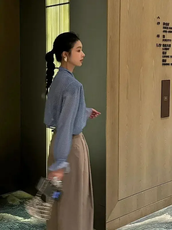 الكورية الموضة الأزرق البولكا نقطة الخامس الرقبة الشريط بلوزة شيفون المرأة الراقية مزاجه عادية مايكرو شفافة الإناث القمم