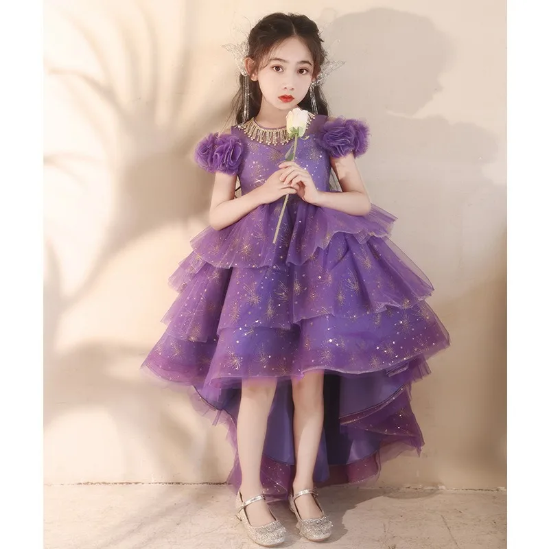 New girl purple dress sweet front short back long sweet princess dress host flower girl wedding piano performance dress