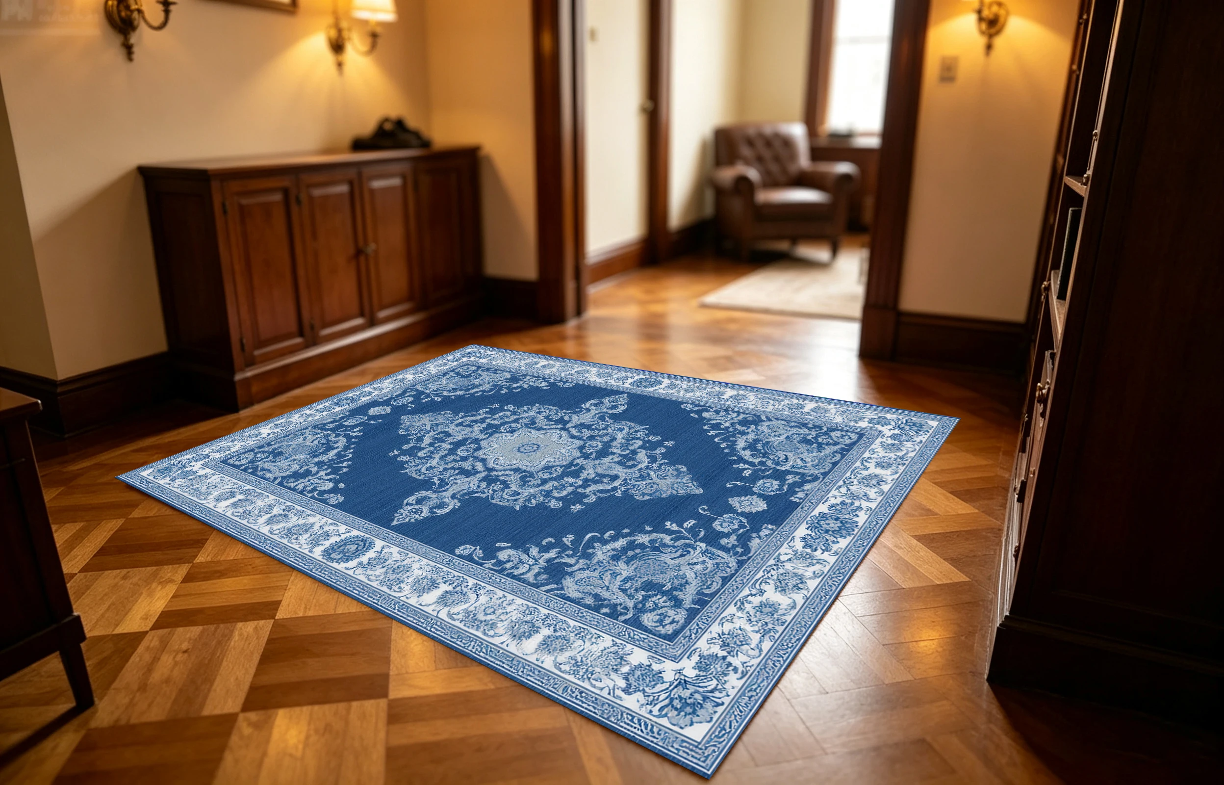 2D Navy Blue European Retro Patterned Rug, Comfortable Underfoot, Suitable for Living Room & Bedroom, Enhances the Space