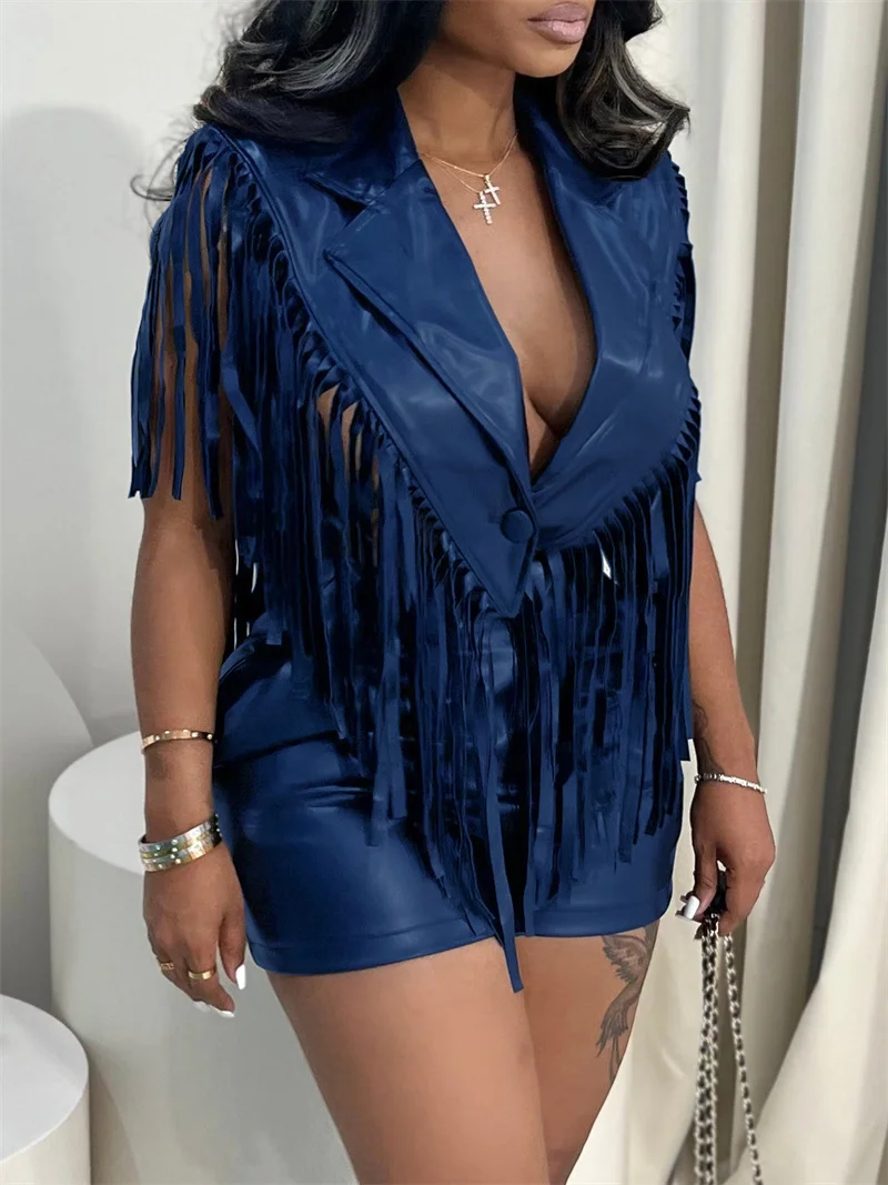 Doyerl Zweiteiliges Set aus PU-Kunstleder für Damen, 2026, Streetwear, Quaste, einreihige Weste, Top und Shorts, neu in passenden Sets – Detail 14