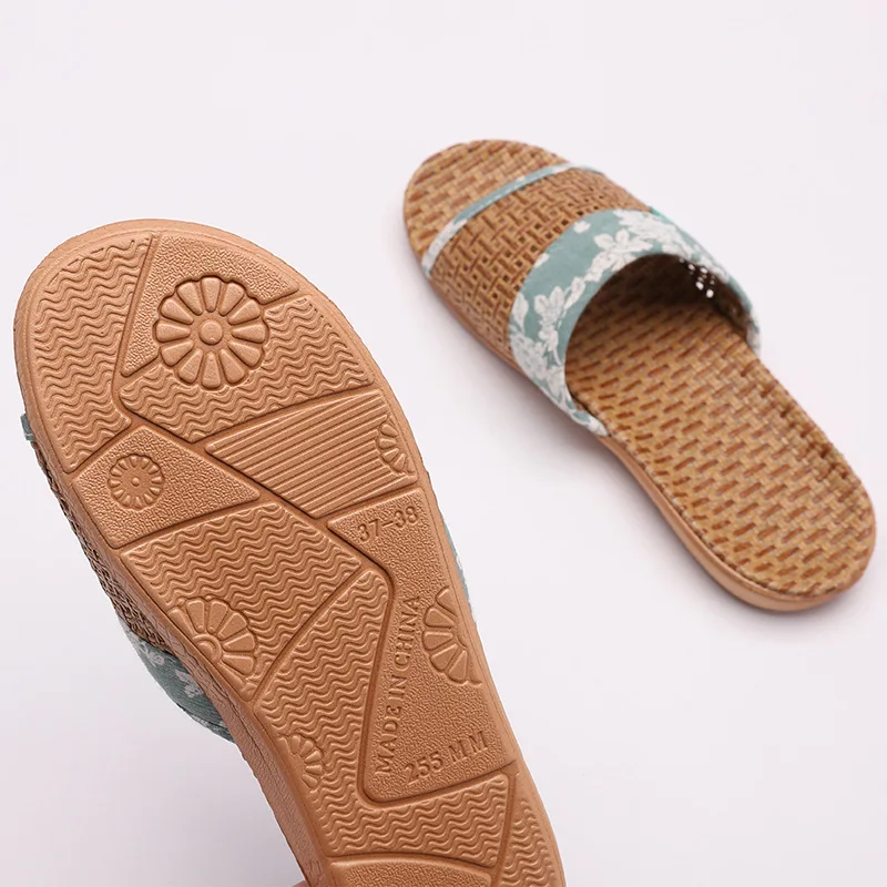 Mntrerm Couples Summer Flax Slippers Linen Weave Floral Slides Sandals Women Men Indoor Shoes Home Slippers Ladies Flip Flops