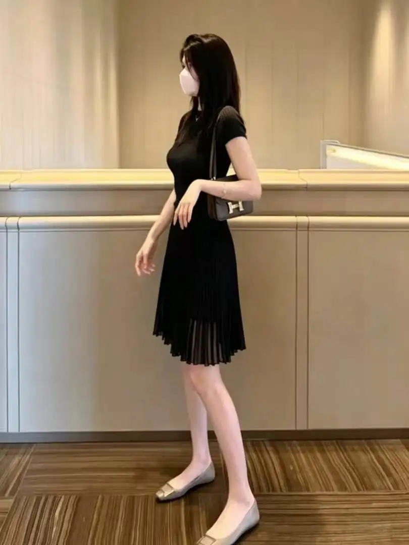 Women Chiffon Pleated Skirts Solid Elegant Elastic Waist Korean with Lining A Line Skirts Ladies Office Skirt Womens Clothing