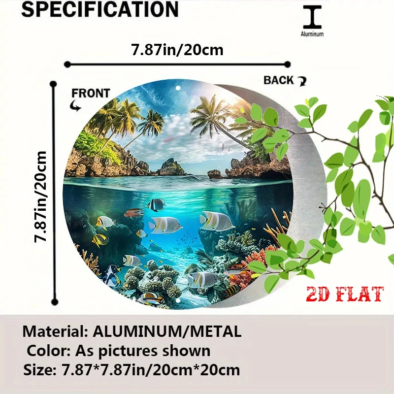 2D flat, 1-piece tropical paradise circular wall art - Metal frameless 2D flat ocean-themed plaque, featuring coral reefs, Nemo fish, and palm trees