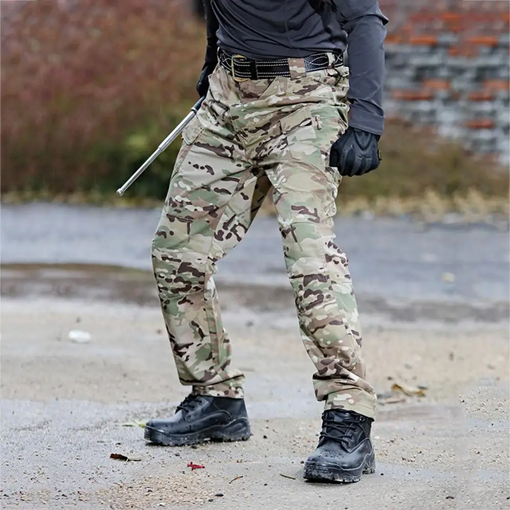 Men Camo Multi Pockets Cargo Pants Quick Dry Outdoors Sports Trousers Camouflage black Trousers for Travel Hiking climb