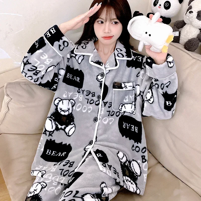 

Winter Pajamas for Women Luxury Warm Flannel Women Pyjamas Sets Thick Coral Velvet Long Sleeve Cartoon Sleepwear Pjs Set