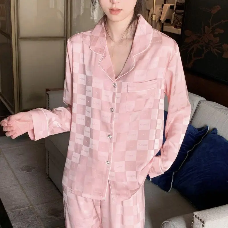 Women Spring Autumn Two Pieces Sets Pajamas Long-sleeved Cardigan Lapel Trousers Sleepwear Thin Plaid Loose Soft Silk Homewear