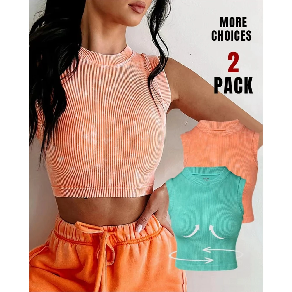 

2024 Women Fashion Summer 2-Pack Washed Seamless Sleeveless Rib-Knit Crop Top Steetwear Round Neck Sleeveless T Shirts