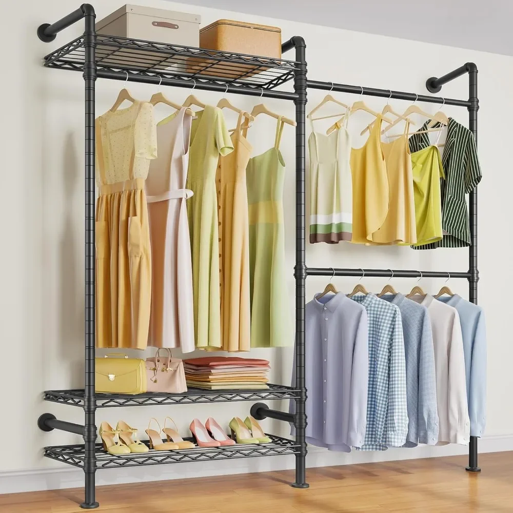 Industrial Pipe Clothes Rack Wall Mounted Clothing Rack for Hanging Clothes, Expandable Garment Rack Heavy Duty Wardro