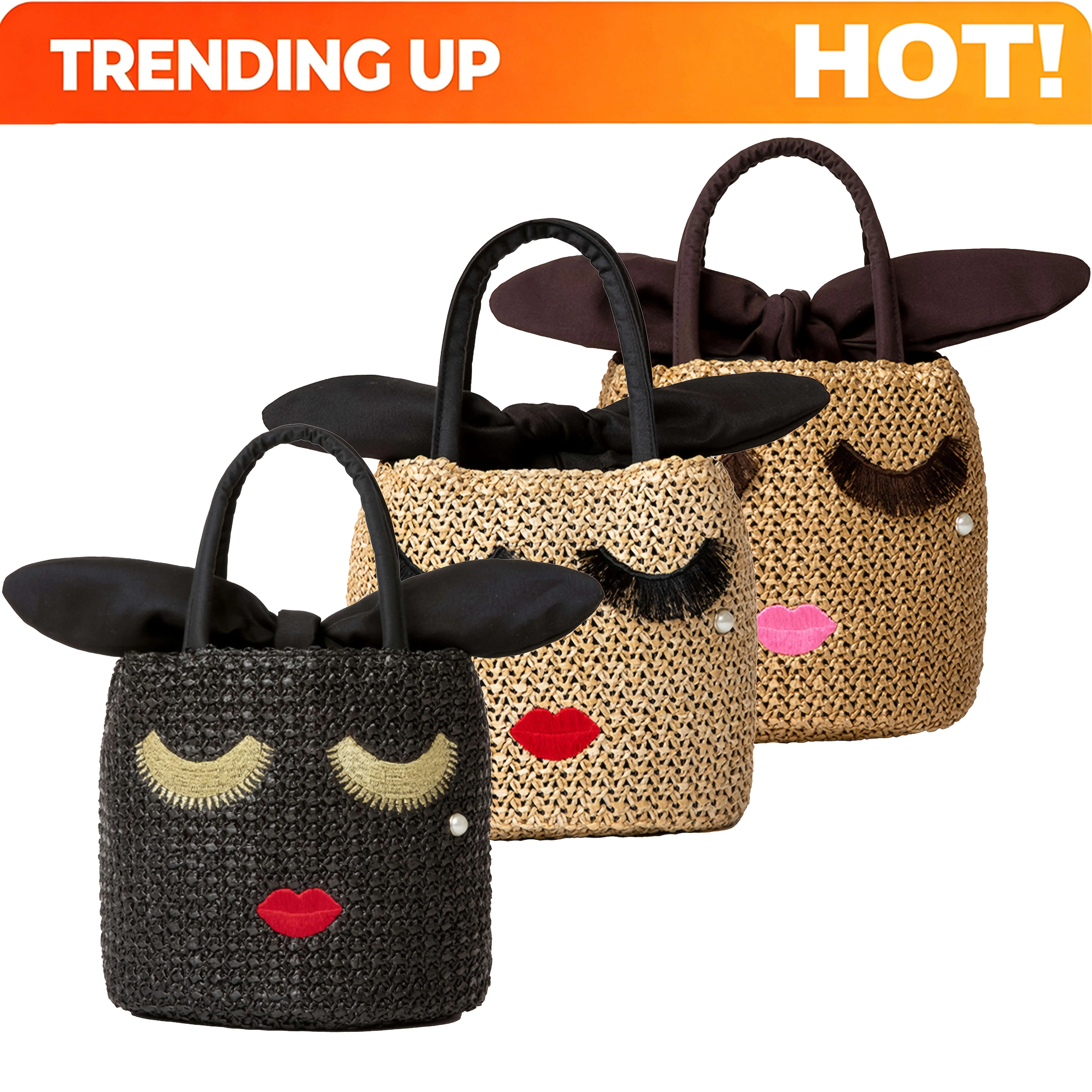 Creative Woven Women's Handbag with Black & Red Glasses Design - Stylish Open-Top Handbag for Commuting, Daily Use & Shopping, D