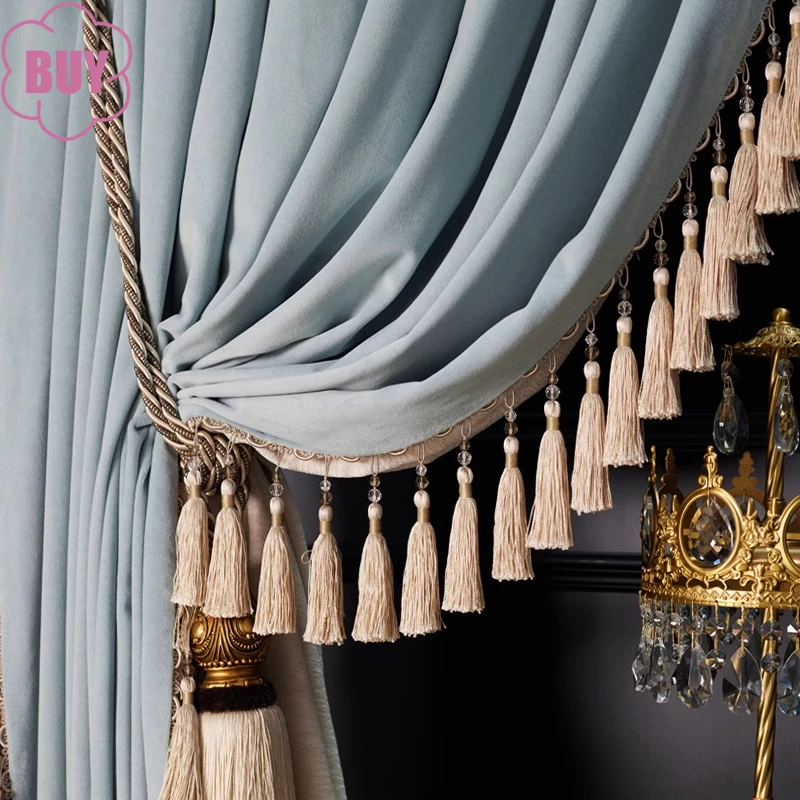 

Water Blue Long Tassel Splicing Velvet Thickened Blackout Curtains for Living Room Bedroom French Window Villa Customization