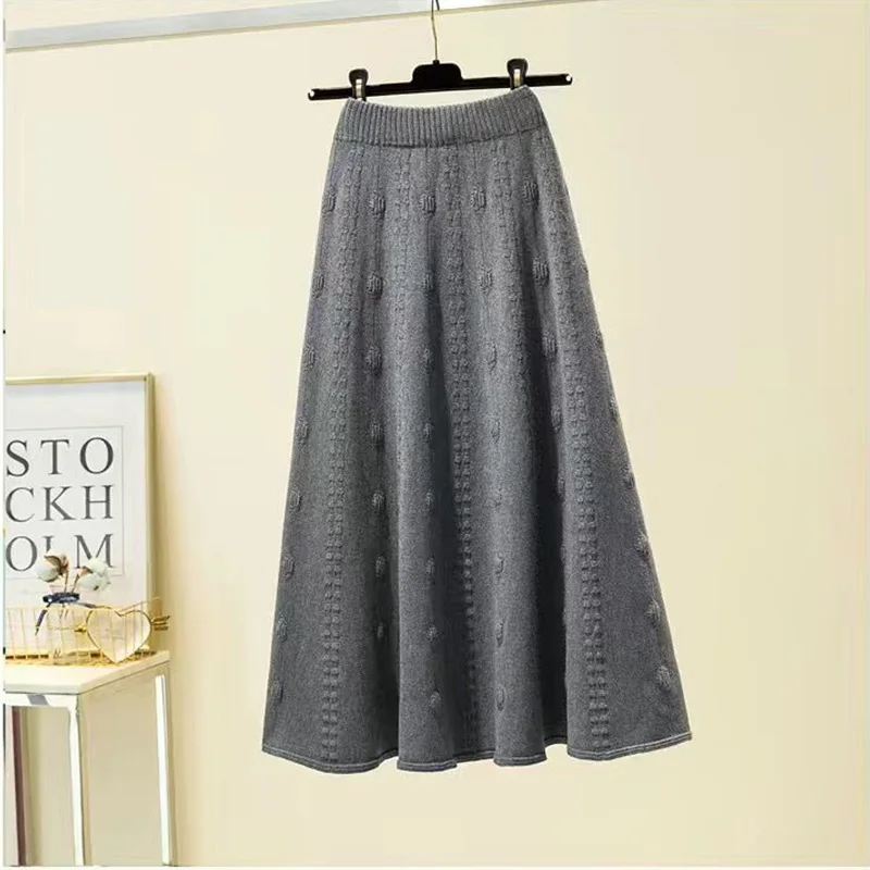 Autumn Winter Simplicity Solid Color High Waist Skirt Ladies Vintage All-match Screw Thread Elastic Waist Pleated Skirt Women\'s