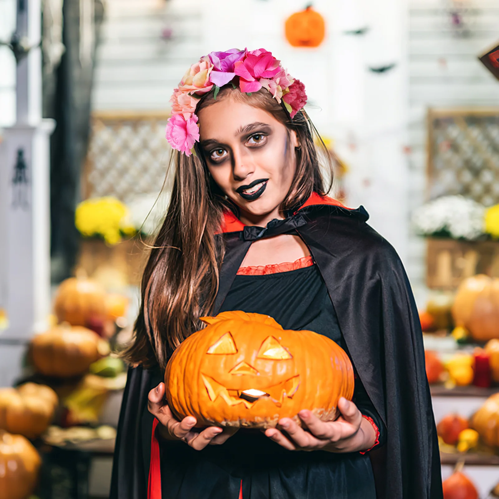 رباط شعر على شكل زهرة الورد للهالوين، عصابة رأس نسائية، ورود مقلدة واقعية لدعائم الصورة الذاتية، رباط شعر على شكل زهرة الورد