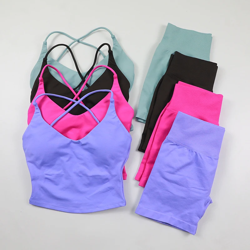 Seamless Gym Set Women Cross Back Tank Tops High Waist Scrunch Shorts 2 Pcs Fitness Suit Yoga Clothing Sportswear Workout Set