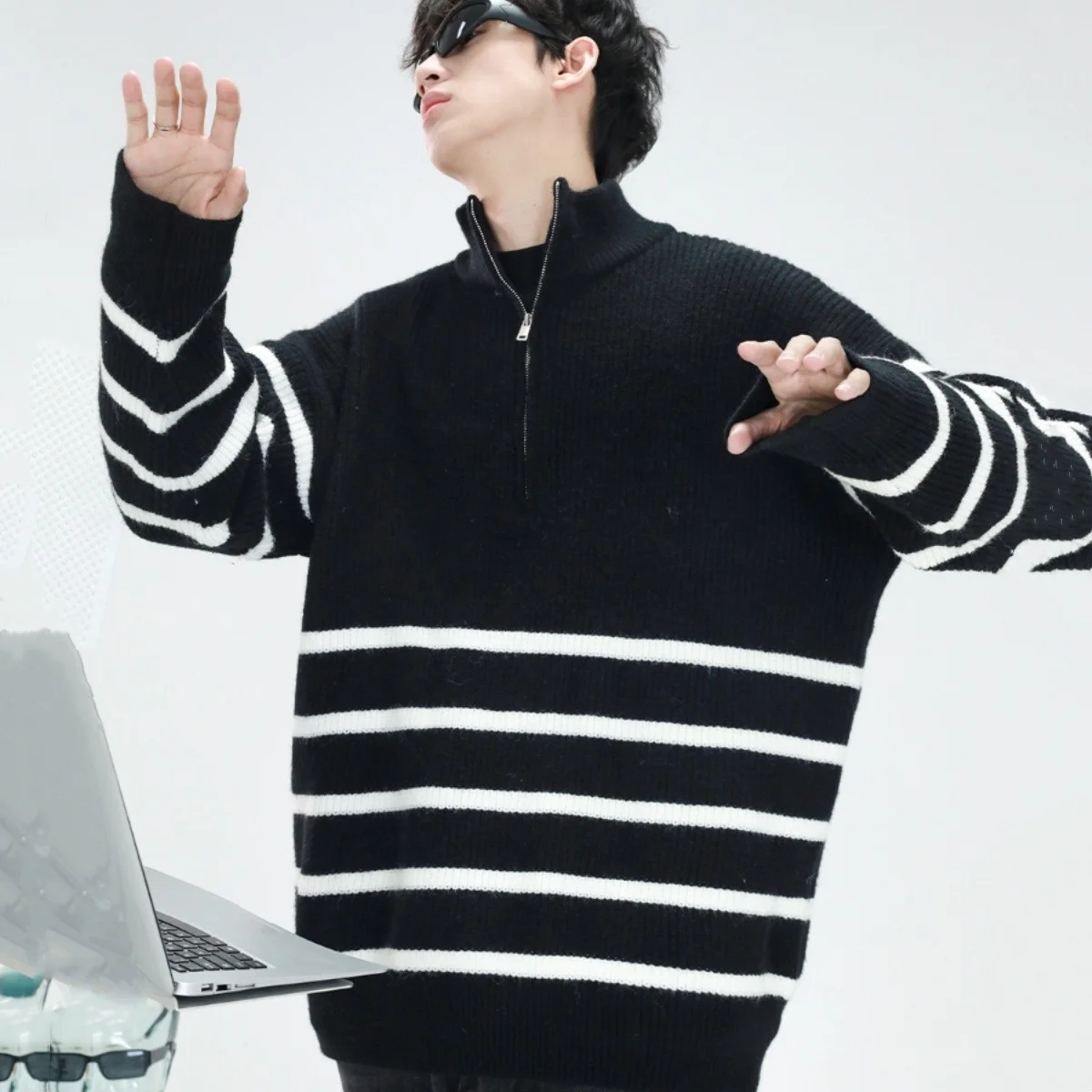 

Осень-зима, мужской трикотаж большого размера, свитер на молнии, свободная верхняя одежда для полных мужчин, модный длинный длинный воротник с бейсбольным воротником...