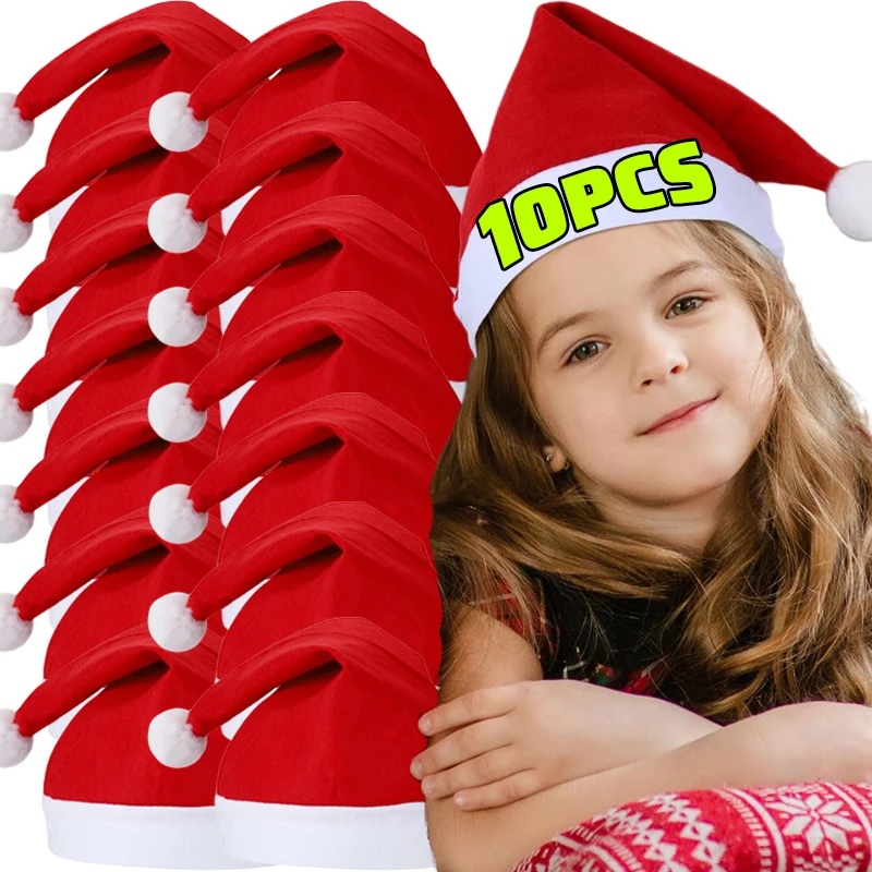 1-20PCS Merry Christmas Hats Non-woven Santa Claus Hats for Adults Kids Red Xmas Caps New Year Festival Party Decoration Gifts