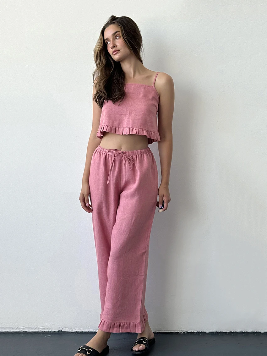 Marthaqiqi Cotton Ladies Nightgowns Set Spaghetti Strap Sleepwear Tank Tops Pajamas Crop Top Nightwear Pants Causal Home Clothes