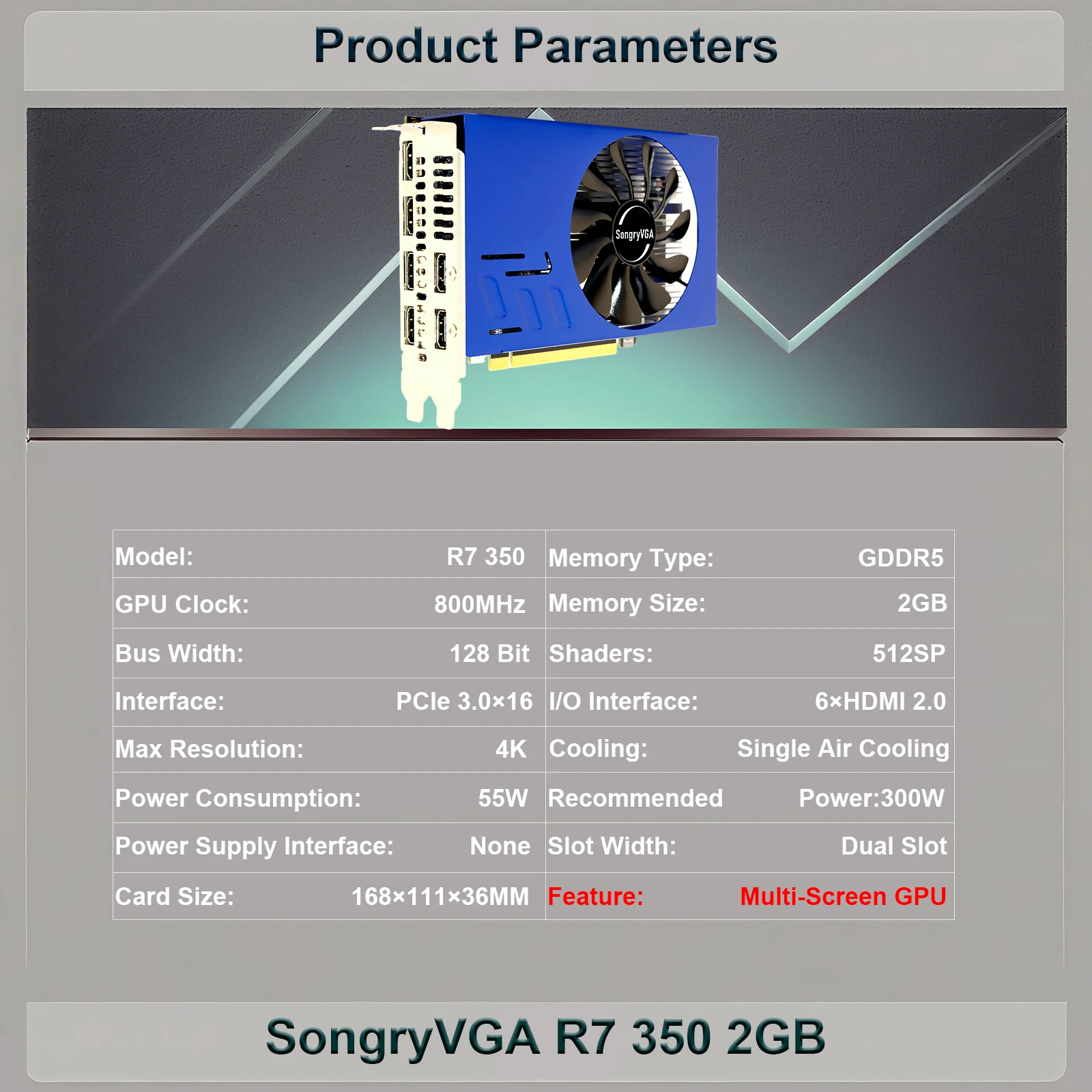 SongryVGA R7 350 2GB HDMI×6 Multi-Screen Graphics Card, GDDR5 PCIe 3.0 Dual Slot Design,Display Splitting for Stock Trading