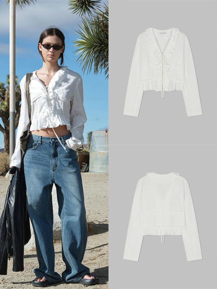 

ort V-Ne Женский хлопковый длинный кардиган на пуговицах с рюшами и рюшами на подоле Vintage Sle Spicy Girl