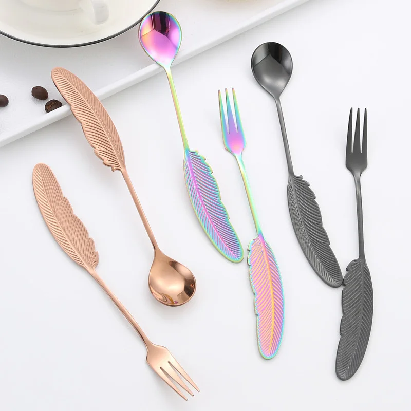 50Set/Lot Stainless Steel Dessert Spoon Fork Set Feather-shaped Spoon Fork Coffee Stirring Spoon Tableware Festival Gift