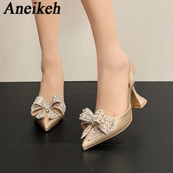 Aneikeh Fashion Silk Crystal Sequined Bowknot Women Pumps Sexy Pointed Toe High Heels Wedding Prom Bridal Shoes Ladies Sandals