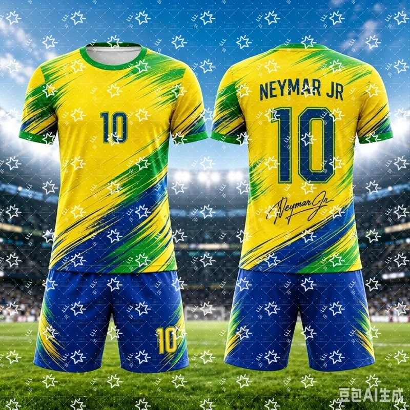 Neymar Jr 10 Football Jersey Set Yellow Green Blue Brush Print Round Neck Short Sleeve Soccer Shirt + Drawstring Shorts 2-Piece