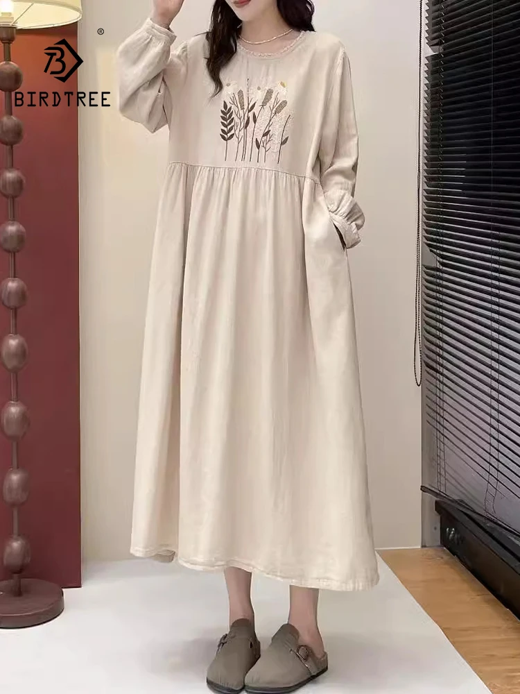 New Summer Cotton Linen Long Sleeve Dresses, Woman O Neck Embroidery, Mori Girl Sweet Loose Vintage Dress, 2024 Fall D476133QC