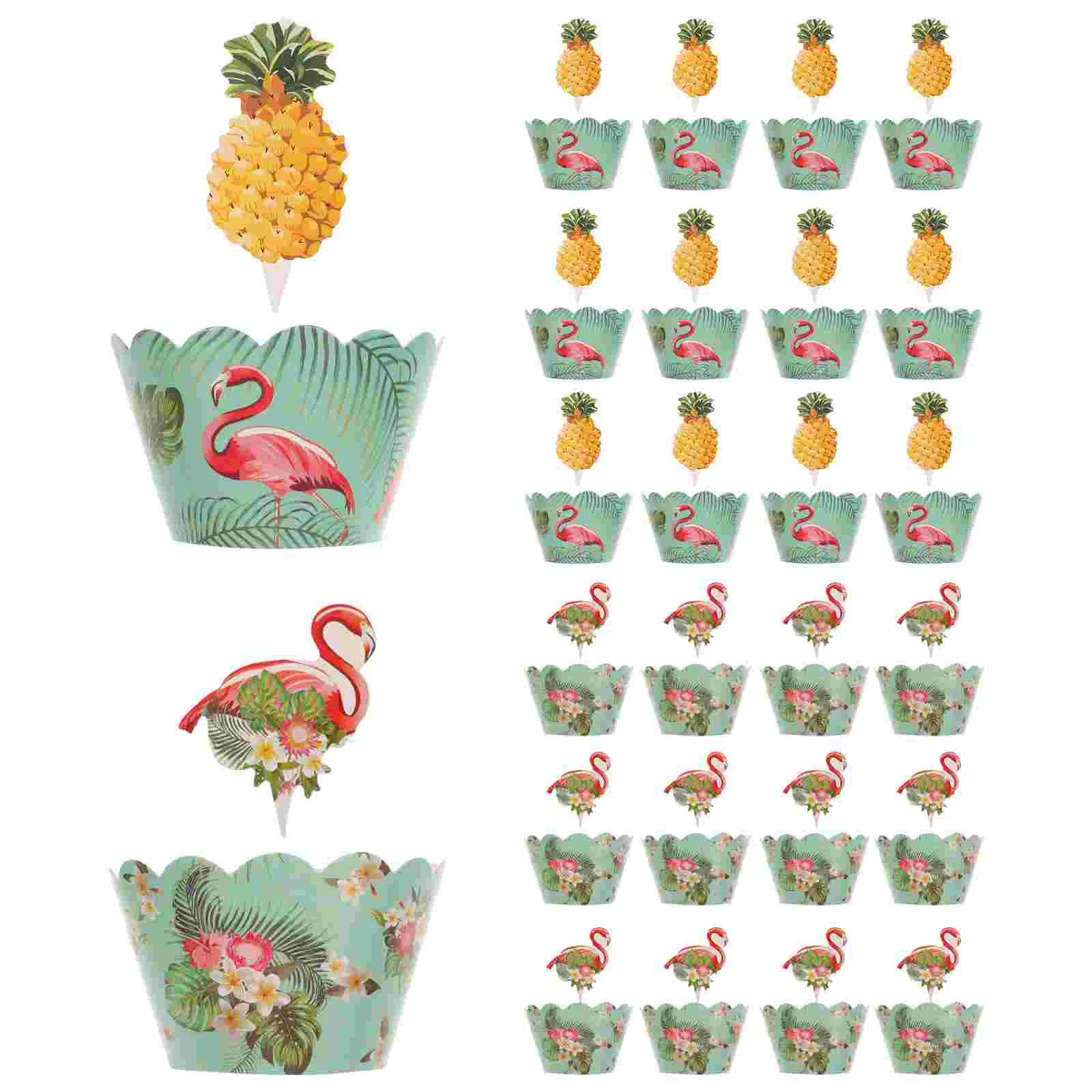 

24 Pcs Hawaii Toppper Cupcake Liners Wrapper Pick Pineapple Flamingo Decor Wrappers