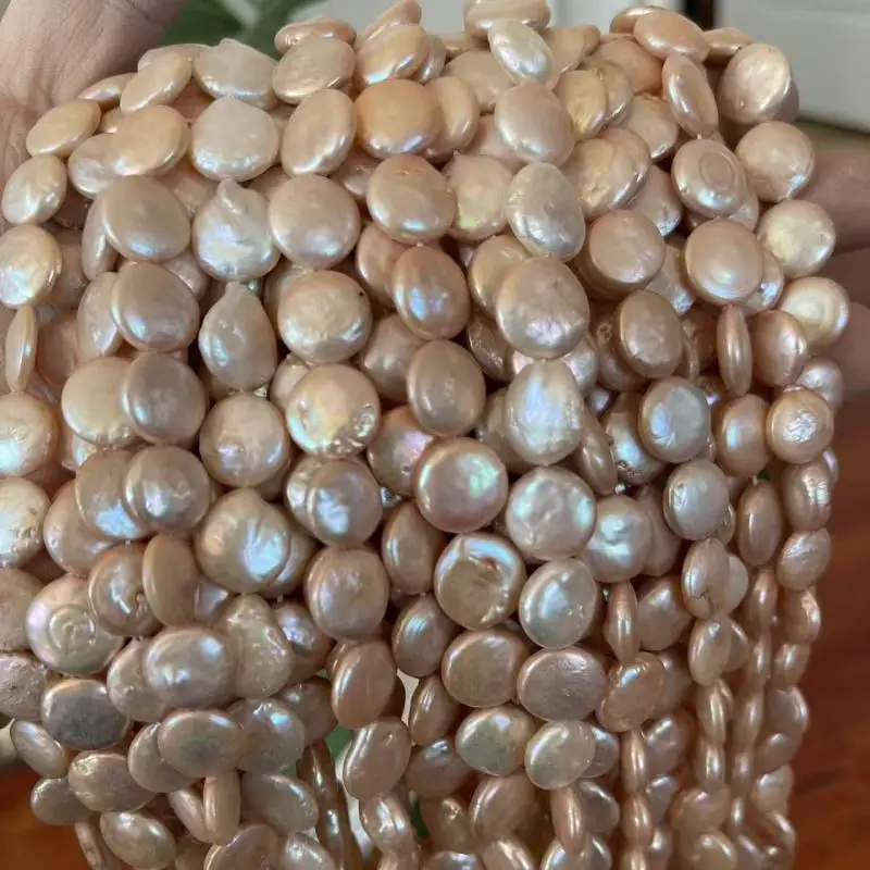16 inches 12-13mm Natural Pink Flat Coin Pearls Loose Strand