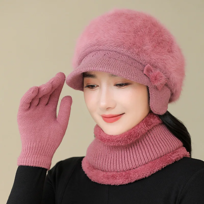 Women's Winter 3 Pieces Set Hat Scarf Gloves Sets Outdoor Keep Warm Thick Knitted Floral Elegant Middle-aged Woman Hats New