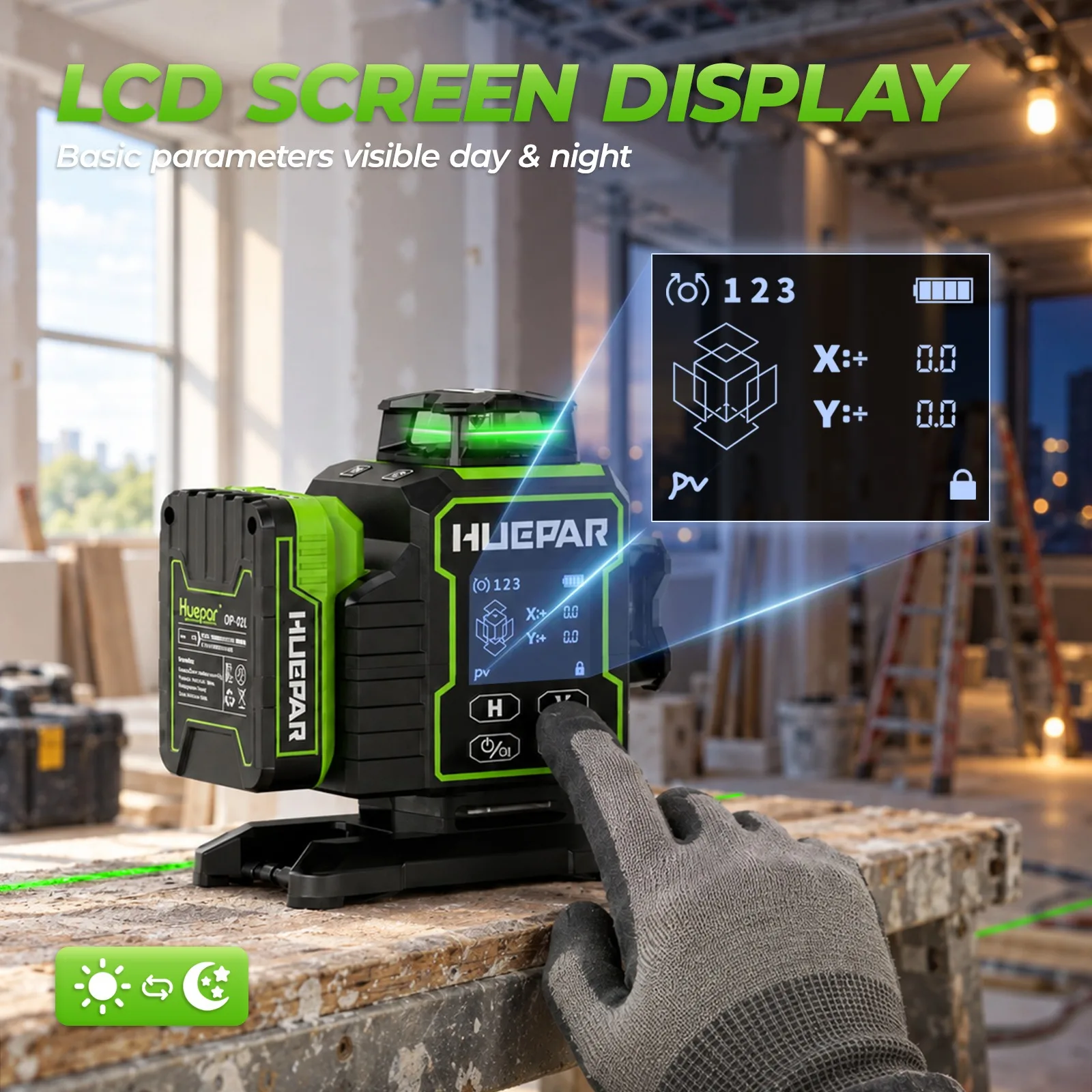 Huepar 4D Green Laser Level Self Leveling 4x360° Bluetooth Lazer Leveler Tool with Electric Rotating Base Large LCD Screen W04CG