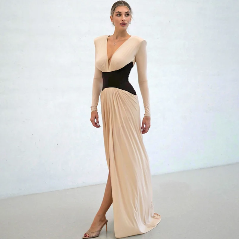 

Ticketsx Elegant Contrast Split Dress Women V-Neck High Waisted Patchwork Ruched Slim Long Dress Backless Party Evening Dresses