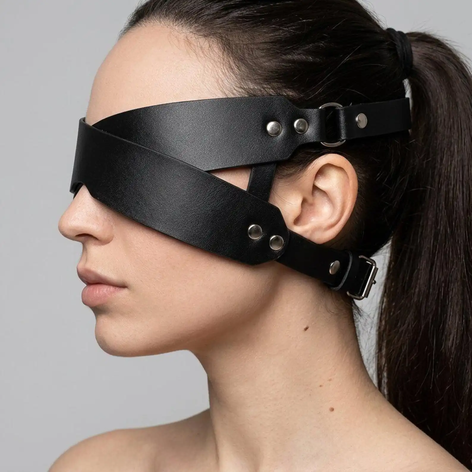 Leather Harness Blindfold Head Straps with Adjustable Buckles - PU Leather Cross Face Accessory for Gothic Festival Gift for Her