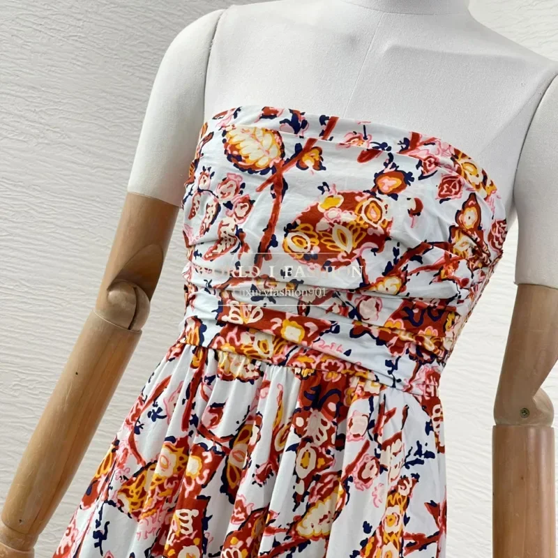 

For Ladies Daily Beautiful Multi Color Floral Print Sleeveless Sling Pleat Tube Midi Dresses 2025 High Quality