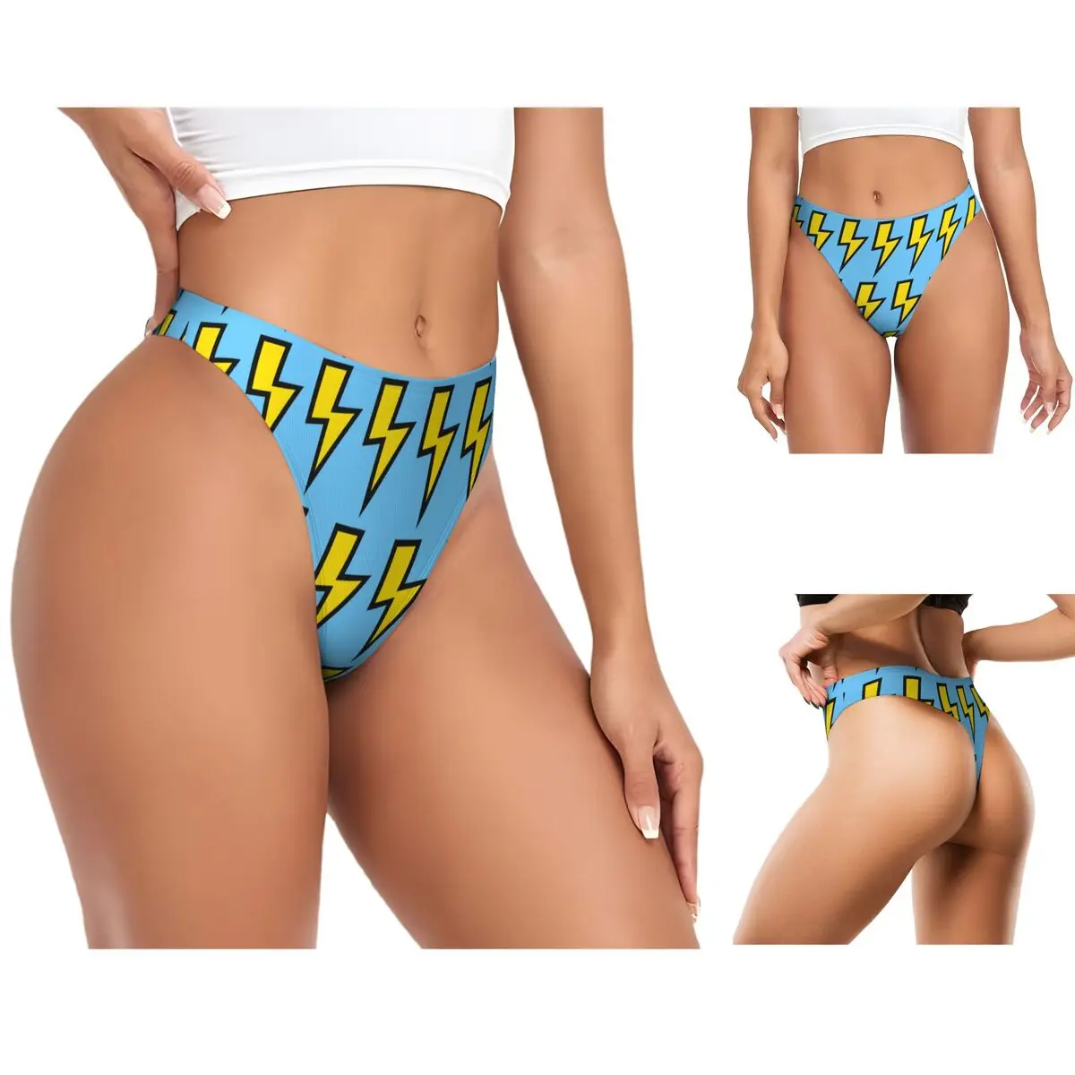 Custom Yellow Lightning Bolts With Bright Blue G-string Panties Breathable Women Stretch Thongs Comfort Underwear