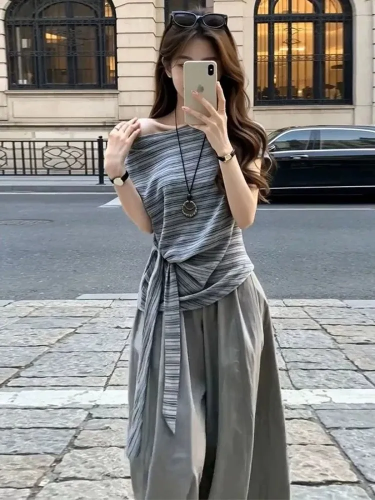 Korean Style Commute Set Women's Summer 2026 New Irregular Shoulder Stripe Casual Wide Leg Pants Two Piece Set Breathable