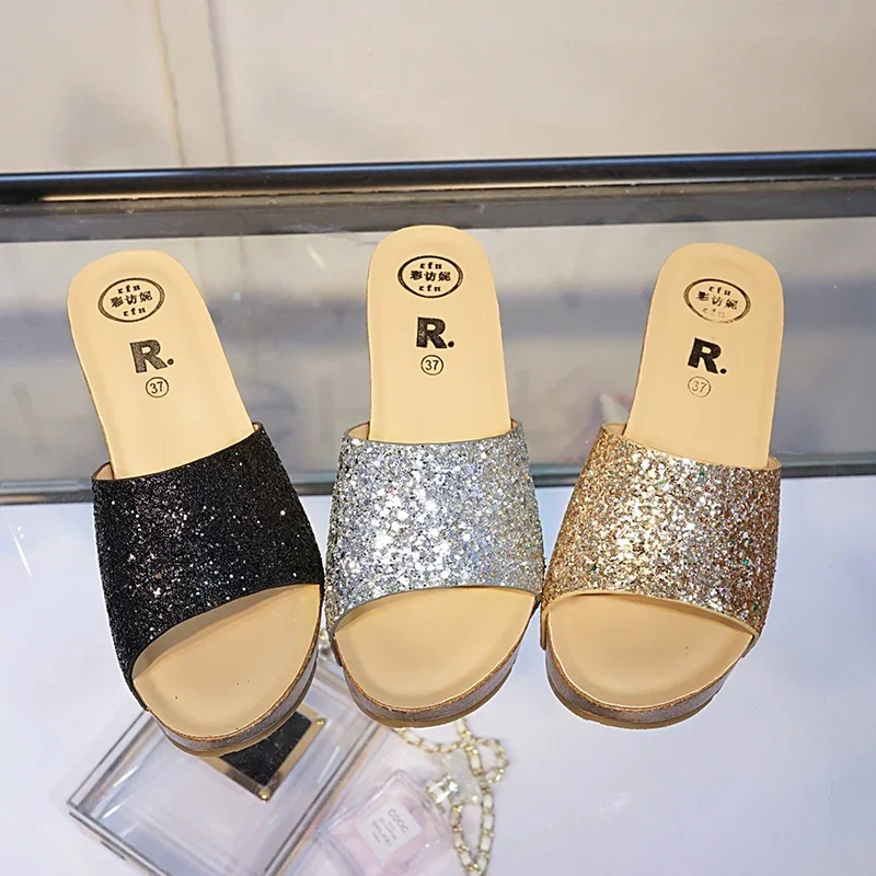 7cm High Heels, Beach Shoes Thick Bottom Platform Sandals Women Glitter Wedges Summer Sandles